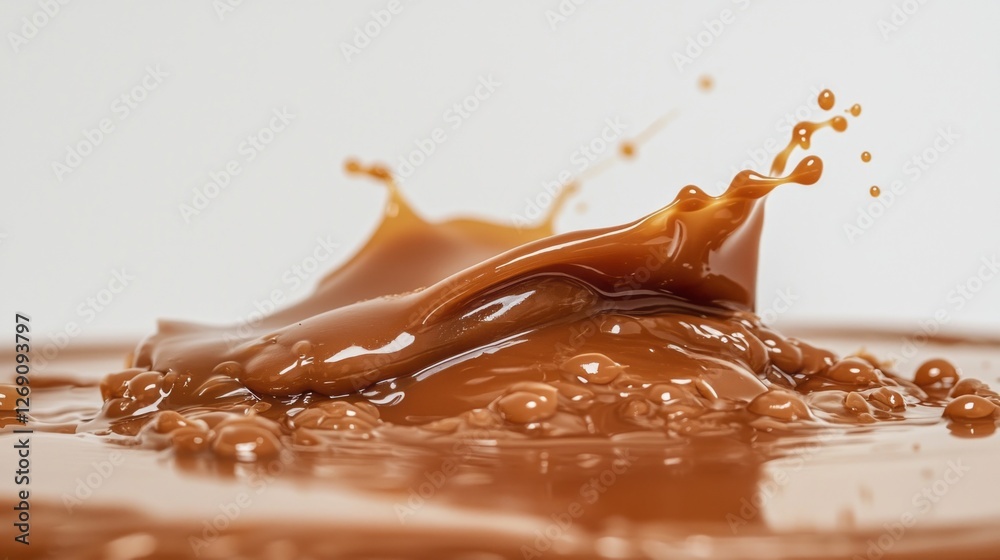 Poster a deliciously rich splash of melted caramel arcs gracefully against a smooth white backdrop, showcas