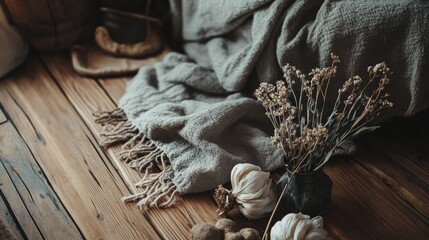 Rustic kitchen decor with dried herbs and linen cloth
