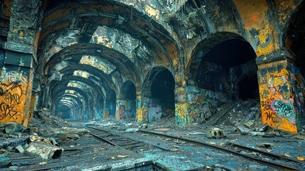 Naklejka premium Abandoned subway tunnel, graffiti art, urban decay, dark atmosphere, railway tracks