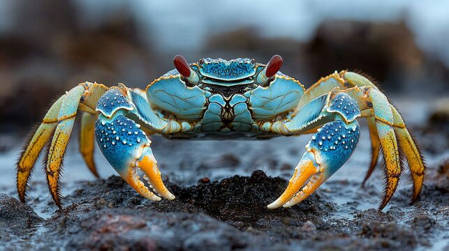 A bright blue crab scuttles across dark rocks near the shore at dusk - Powered by Adobe