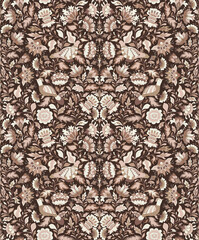 Floral seamless plant background with elements of decorative flowers and birds in pantone palette