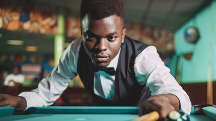 Young man in formal attire focused on a pool game in a lively bar with colorful decor and patrons in the background
