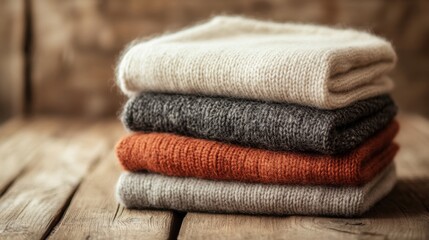 A set of neatly folded wool sweaters in warm earthy tones stacked on a wooden table, with soft natural lighting.