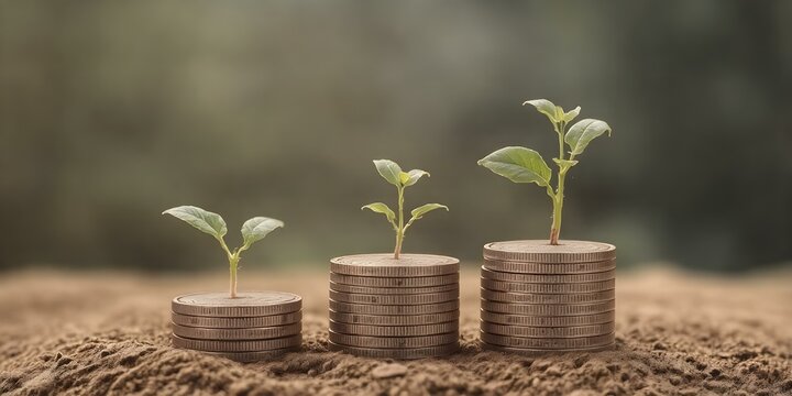 Growth and Investment:  A visual metaphor for financial growth and investment, featuring three saplings sprouting from stacks of coins.