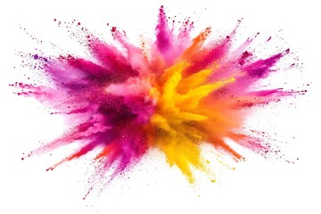 Decorative abstract chaotic colorful powder splash or explosion on a white background with copy space.