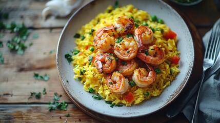 A vibrant dish of shrimp atop yellow rice with herbs and vegetables, beautifully presented.