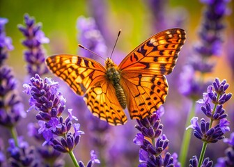Naklejka premium Orange Butterfly Fritillary on Lavender Flowers, Nature Stock Photo