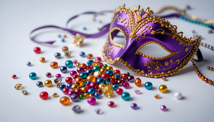 Carnival masks on a white background, surrounded by scattered beads. A concept of celebration and mystery
