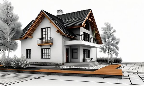 Modern Two-Story House Architectural Rendering on Blueprint