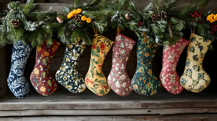 Fototapeta premium Colorful, patterned Christmas stockings hang on a rustic wooden shelf, adorned with greenery and flowers, creating a festive holiday atmosphere