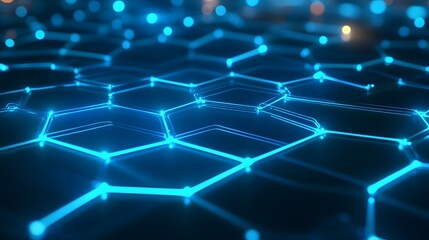 Obraz premium A high-tech digital backdrop with interconnected neon blue circuit lines forming a complex network over a subtle hexagonal grid pattern 
