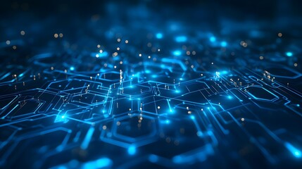 A futuristic blue technology background with glowing circuit lines seamlessly connecting across a dark gradient surface, featuring floating hexagonal patterns 