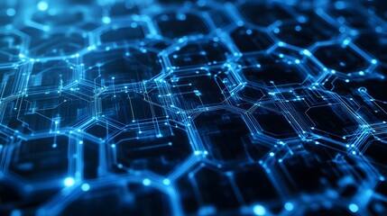 Obraz premium A digital network visualization in shades of blue, featuring interconnected circuit paths weaving through a background of transparent hexagonal overlays 