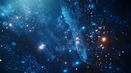 A dark blue tech interface with detailed microchip-like circuit lines and scattered hexagonal elements pulsating with light effects 