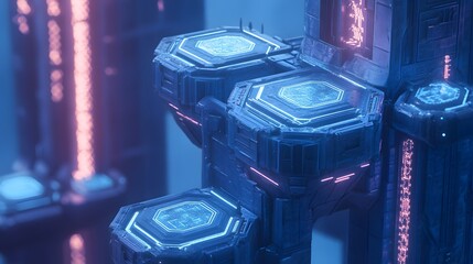 A cybernetic-themed blue background with dynamic circuit pathways and softly glowing hexagons arranged in a layered, three-dimensional style 