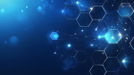 A cybernetic-themed blue background with dynamic circuit pathways and softly glowing hexagons arranged in a layered, three-dimensional style 
