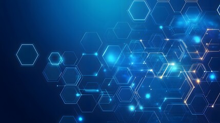 A cybernetic-themed blue background with dynamic circuit pathways and softly glowing hexagons arranged in a layered, three-dimensional style 