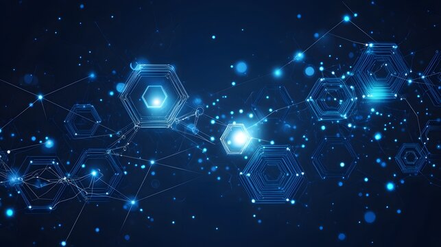 A dark blue tech interface with detailed microchip-like circuit lines and scattered hexagonal elements pulsating with light effects 