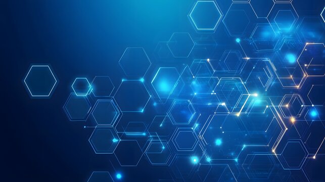 A cybernetic-themed blue background with dynamic circuit pathways and softly glowing hexagons arranged in a layered, three-dimensional style 