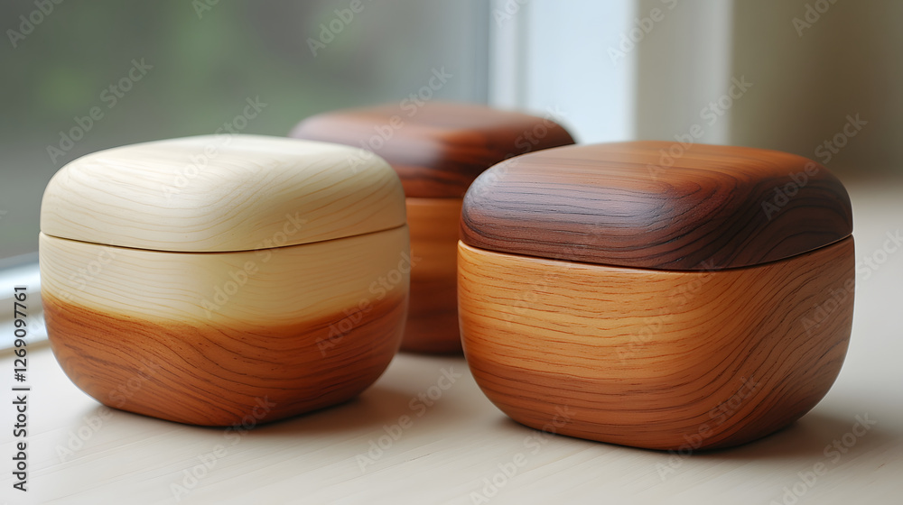 Poster three elegant wooden containers with smooth, rounded shapes and varying hues, displayed near a windo
