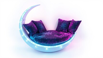 Cozy moon-shaped seating with soft cushions and twinkling lights on transparent background