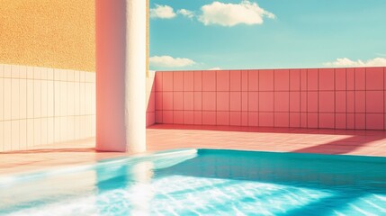 Serene outdoor swimming pool under a bright blue sky