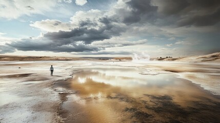 Naklejka premium Solitary figure walking on a vast sandy beach under a cloudy sky