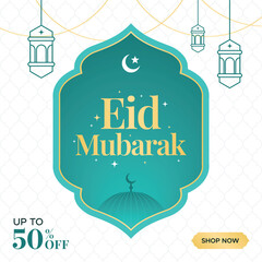 Eid Mubarak Banner Design in Teal and Gold. Edi Mubarak Mosque and crescent moon social media template. Vector illustration