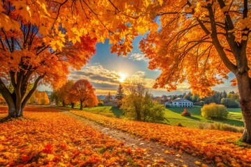 Panoramic Autumn in Russia: Golden Hawthorn Foliage in a Picturesque Village Park