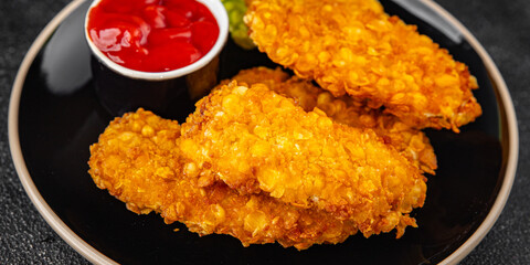 Nuggets chicken meat breaded deep fried fresh tasty food dish gourmet food background on the table rustic food top view copy space