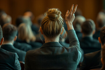 A corporate workshop in a well-lit exhibition hall, showing the backs of engaged attendees. A woman in the middle row raises her hand to ask a question while others take notes.