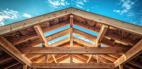 Exposed wooden roof beams show intricate designs under a bright blue sky, highlighting the craftsmanship in the structure's construction