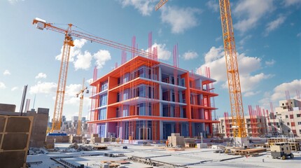 Large construction site with cranes and scaffolding, symbolizing urban development, engineering, and architectural progress