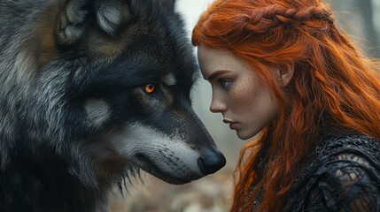 Young woman with vibrant red hair engages in a close encounter with a large wolf in a mystical forest at twilight