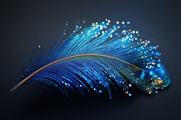 Glittering blue feather creating a trail of sparkling light on dark background