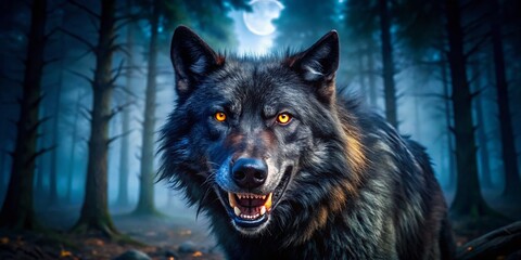Panoramic Dark Night Ferocious Black Wolf Baring Teeth Howling
