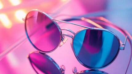 Trendy sunglasses reflecting neon blue and pink lights