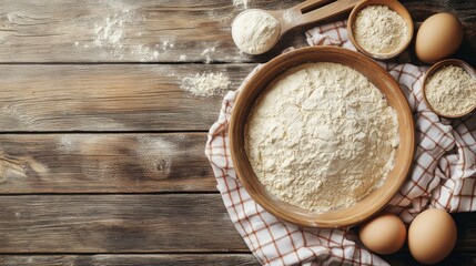 Baking ingredients arranged on a rustic wooden table