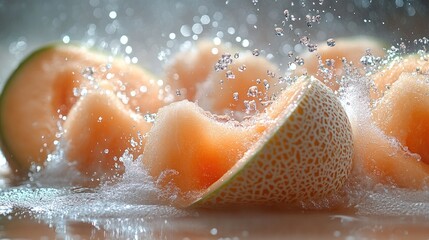 Fototapeta premium Fresh cantaloupe slices splashing in water, creating a vibrant and refreshing scene