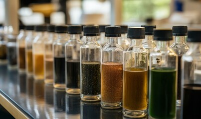 Lined bottles showcasing colored liquids for observation.