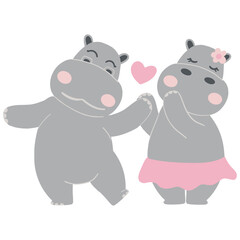 Valentine hippo theme. Cute cartoon hippos sharing love with a heart symbol.