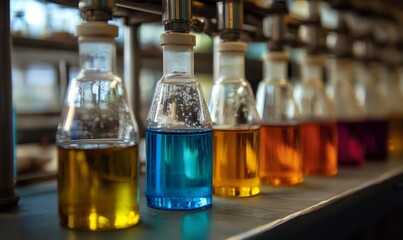 Colorful liquids in clear laboratory bottles.