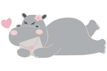 Valentine hippo theme. Cute hippo holding a love letter with a heart nearby.