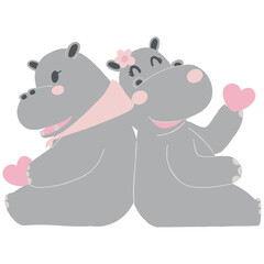 Valentine hippo theme. Cute cartoon hippos sharing love with hearts.