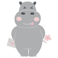 Fototapeta premium Valentine hippo theme. Happy cartoon hippo holding a flower and an envelope.