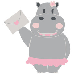 Valentine hippo theme. Cartoon hippo holding an envelope in a pink tutu.