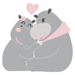 Valentine hippo theme. Two cute hippos in love, sharing an affectionate moment.