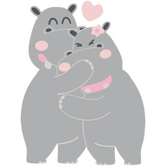 Valentine hippo theme. Cute hippos sharing a loving embrace with heart elements.