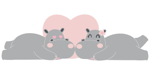 Valentine hippo theme. Cute hippos cuddling with a heart backdrop.