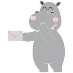 Valentine hippo theme. Cute cartoon hippo holding an envelope with a heart.
